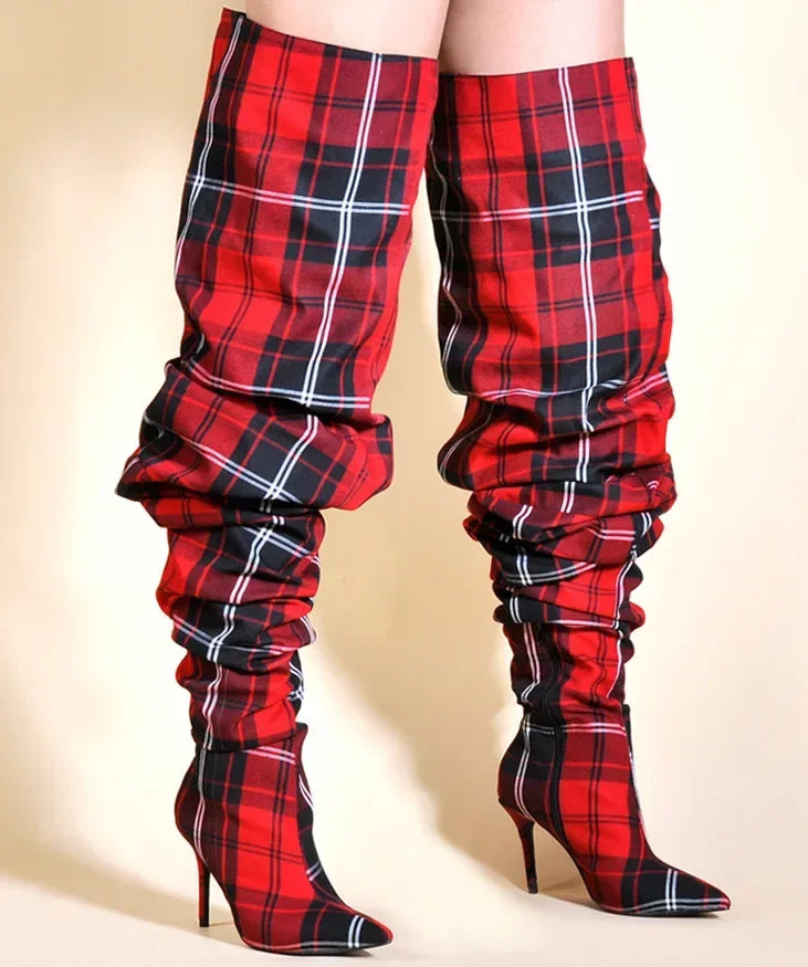 Plaid Pleated Red/Green Checker Block Print Fabric Knee-High Women's Sleeve Boots