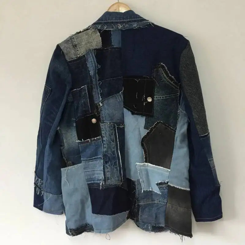 Men's Denim Colorblock Patchwork Splicing Deconstructed Heavy Industry Cowboy Jean Blazer
