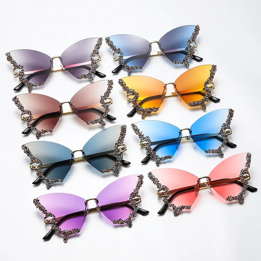 Glitter Rhinestone Butterfly Shaped UV400 Protection Large Rimless Women's Sunglasses