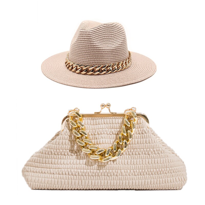 Fedora Chain Link Straw Hat + Chain Link Purse Set