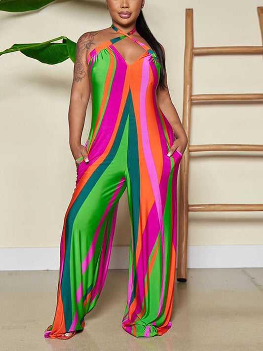 Striped Colorblock Halter Backless Jumpsuit