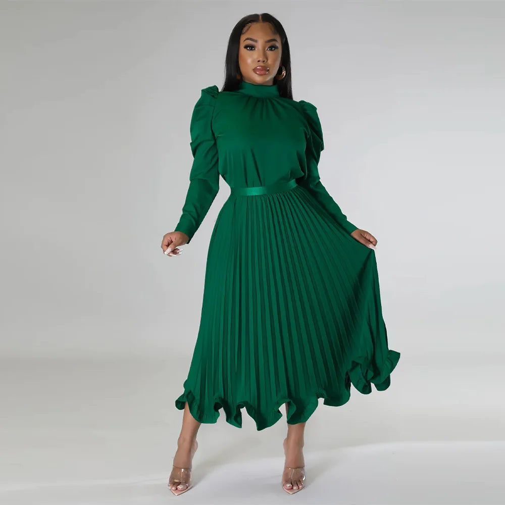 Women’s Solid Color O-Neck Lantern Sleeve Blouse + A-Line Flounce Formal Pleated Maxi Skirt w/ Sash Belt 2-Piece Set