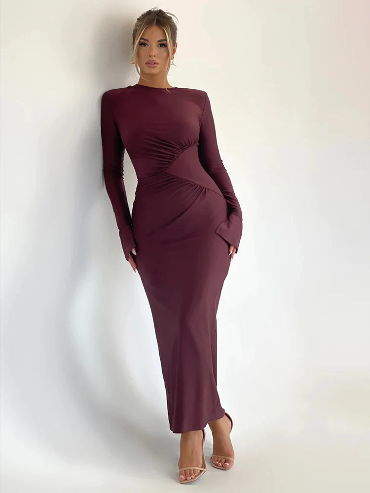 Ruched Pleated Bodycon Long Sleeve Maxi Dress