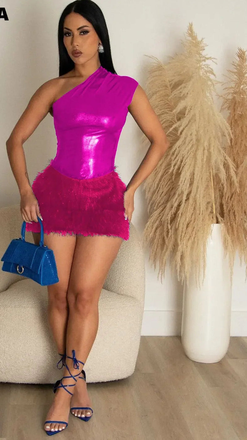 Asymmetrical Faux Leather One Shoulder Skew Collar Bodysuit + Faux Fur Tassel Fringe Design Bodycon Mini Skirt Women's 2-Piece Set