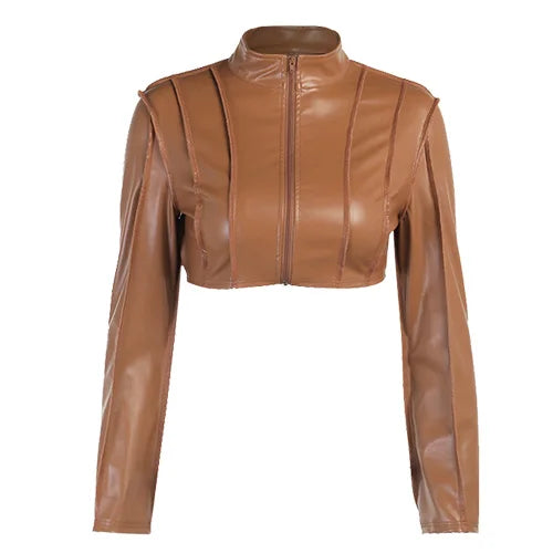 Cropped Mini Ladies Long Ruched Sleeve Zipper PU Leather Jacket