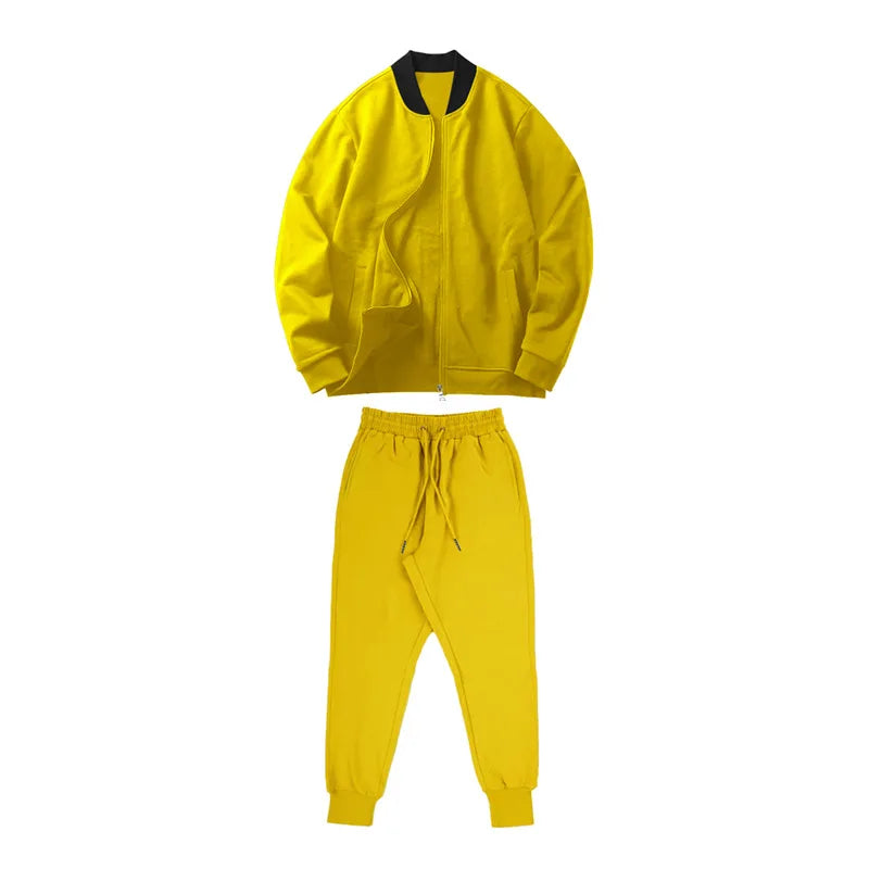 Men's O-Neck Colorblock Bomber Sweat Jacket + Drawstring Jogger Sweatpants Tracksuit