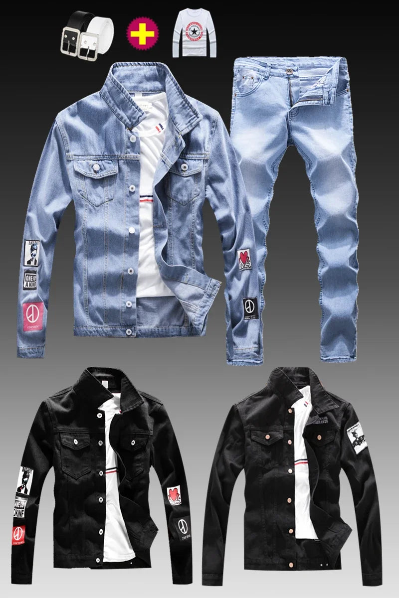 Men's Washed Denim Solid/Peace Sign Patch Design Jean Jacket + Ruched Skinny Jeans 2-Piece Set
