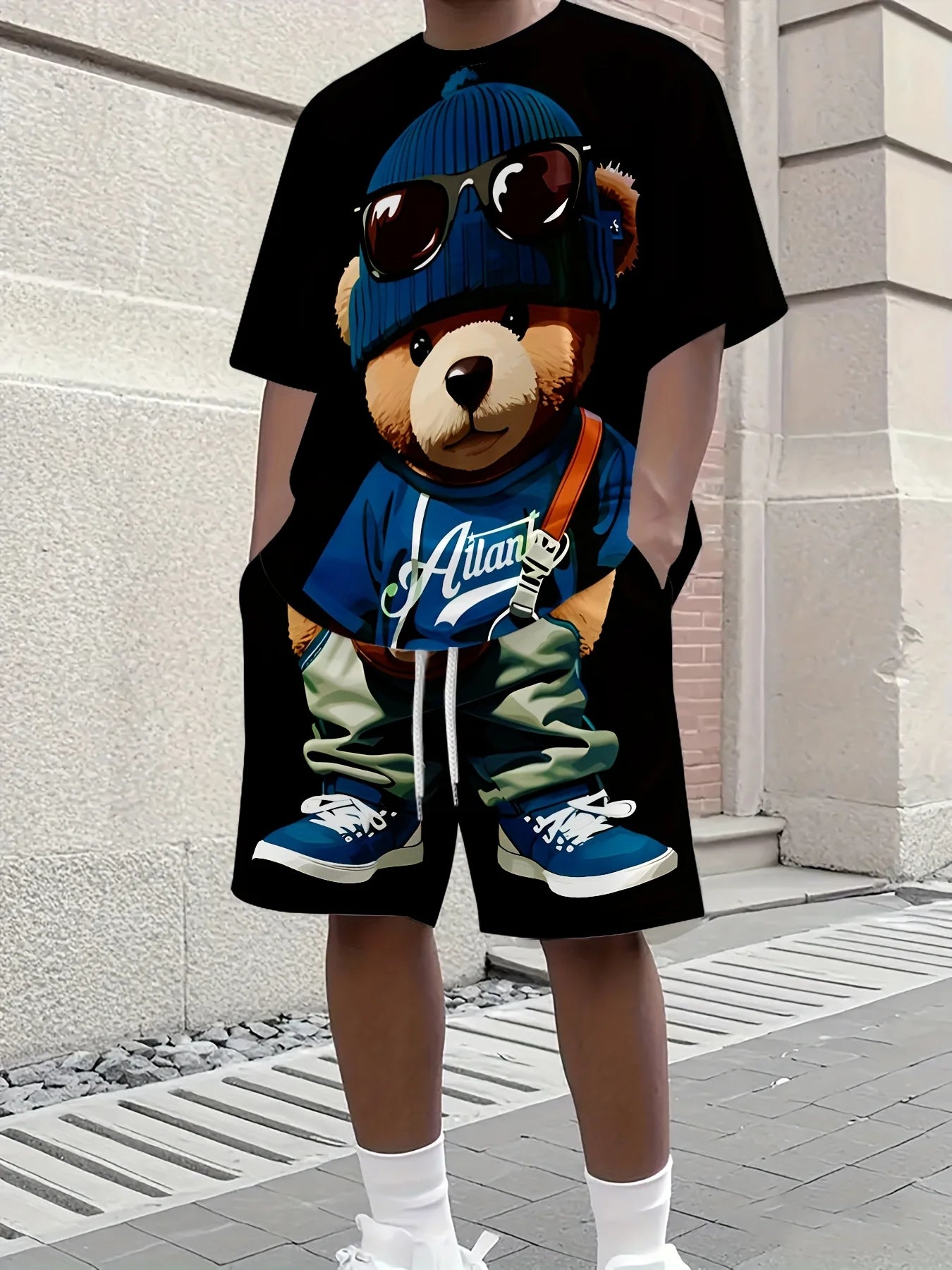 Men's 3D Hip-Hop Teddy Bear Print Short Sleeve T-Shirt + Matching Shorts 2-Piece Set