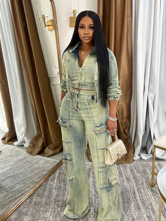 Faded Denim Light Blue Buckle Strap Detail Women's Long Sleeve Zipper Jean Jacket + Streetwear Cargo Pocketed Jeans 2-Piece Set