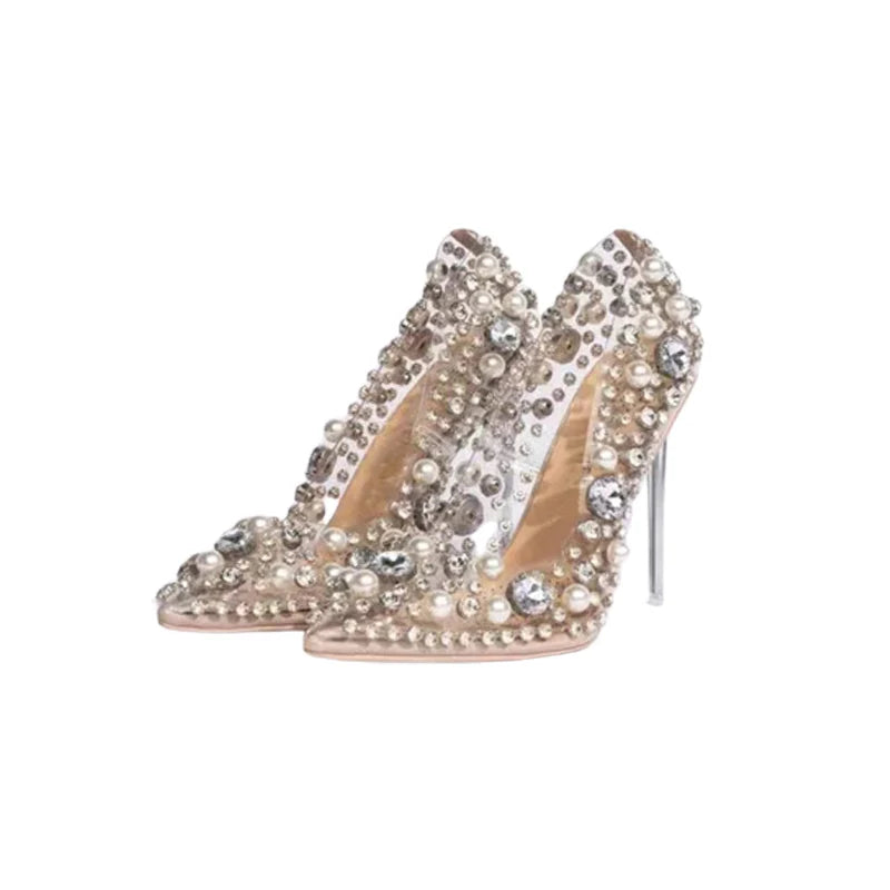 Embellished Rhinestone Diamond Pearl PVC Transparent Metallic Stiletto Heel Pointed Toe Pumps