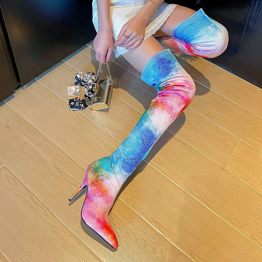 Ombre Rainbow Gradient Colorblock Tie-Dye Crystal Rhinestone Over-the-Knee Pointed Toe Stiletto Heel Boots