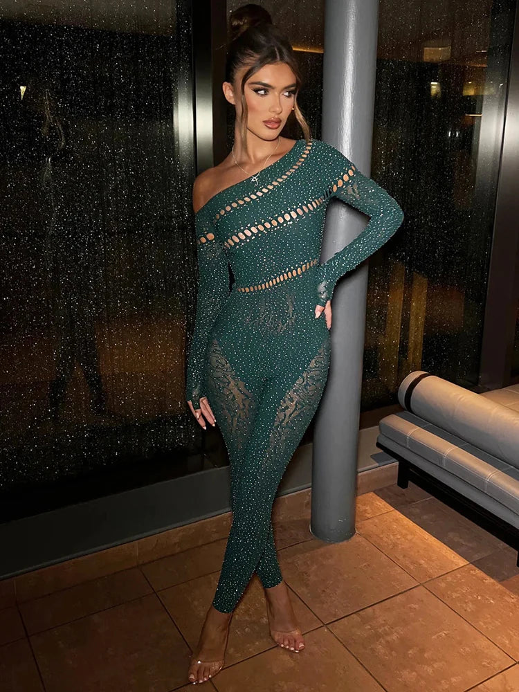 Sparkling Off-the-Shoulder Rhinestone Long Sleeve High Stretch Sexy Skin Tight Hollow-Out Jumpsuit