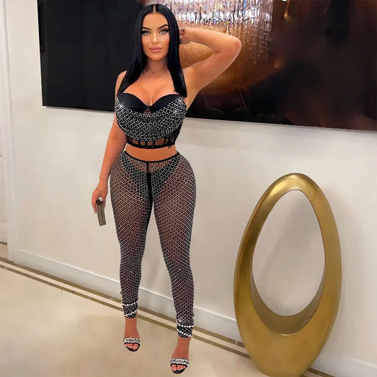 Metallic Rhinestone Mesh Women's Crop Bra + Transparent Sheer Leggings 2-Piece Set