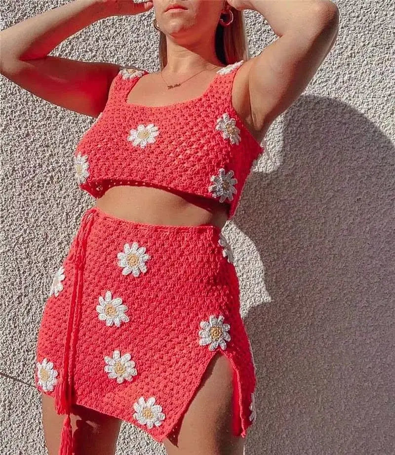 Crochet Big Flower Pattern Knitted Women's Sweater Tank Top + Drawstring Mini Skirt 2-Piece Set