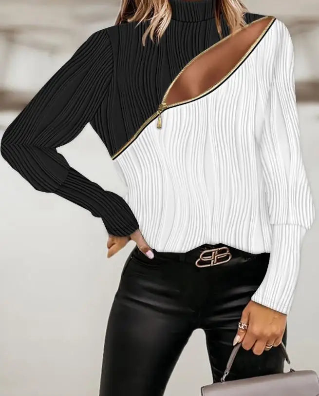 Black/White Cut-Out Colorblock Zipper Design Textured Long Sleeve Mock Neck Blouse