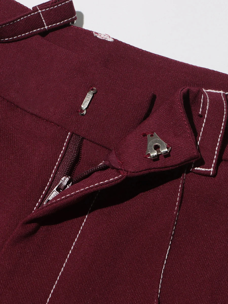 Burgundy Irregular Notched Collar Double Strap Design Blazer Jacket + High Waist Straight Pants Women's Formal Suit