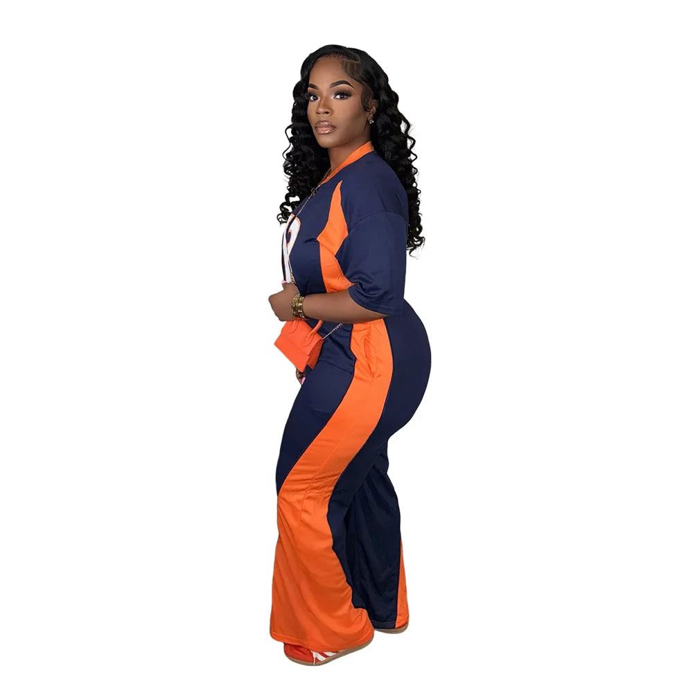 Blue/Orange Women's Number Print Short Sleeve O-Neck Jersey Top + Colorblock Wide Leg Pants 2-Piece Sets