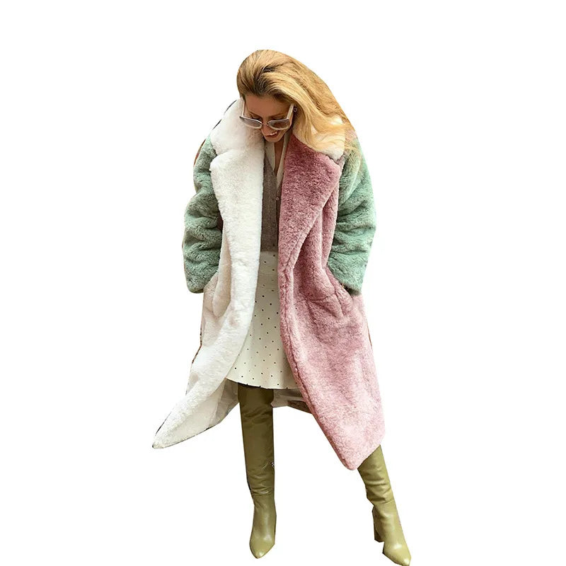 Colorblock Faux Fur Oversized Pink/White/Green Women's Trenchcoat w/ Belt