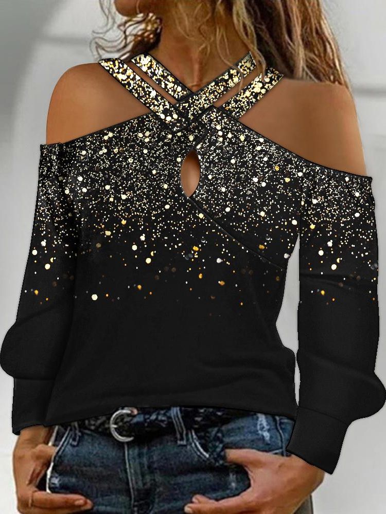 Crisscross Glitter Cold Shoulder Print Top