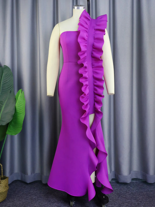 Purple Formal One Shoulder Backless Ruffled Bodycon Fishtail Maxi Formal Dress to 4X