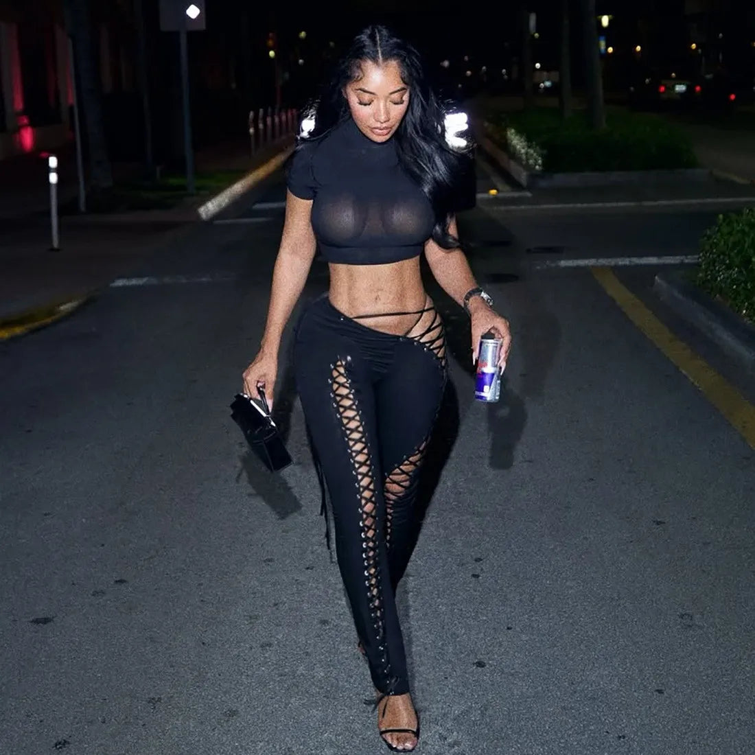 Sexy Women's Sleeveless Crop Tank Top + Criss-Cross Lace-Up Hollow-Out Bandage Leggings 2-Piece Set