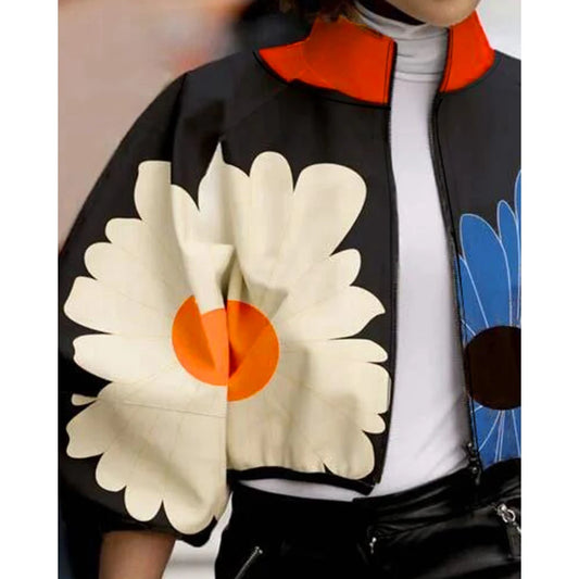 Big Flower Colorblock Lantern Sleeve Stand Collar Ladies Crop Bomber Jacket