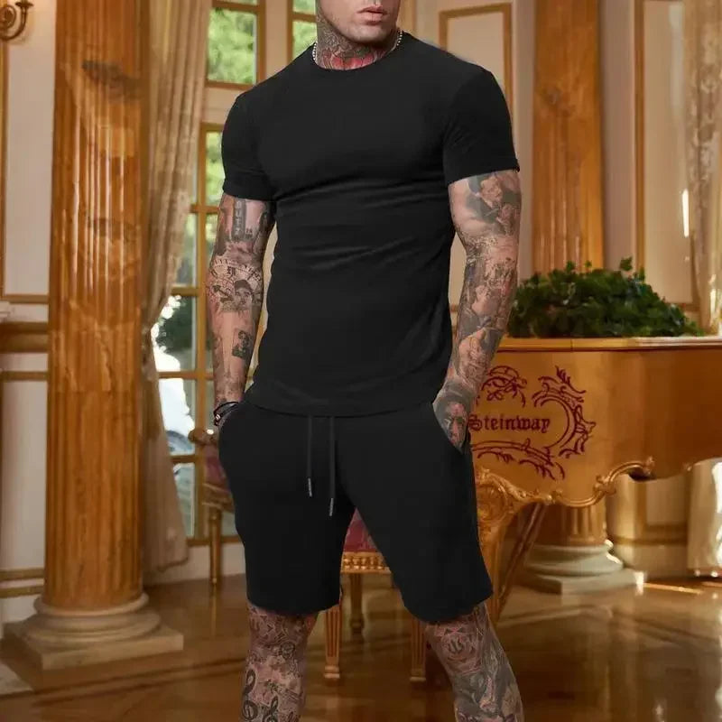 Men's Breathable Sportswear Short Sleeve T-Shirt + Drawstring Basketball Shorts 2-Piece Fitness Set to 4X Big & Tall