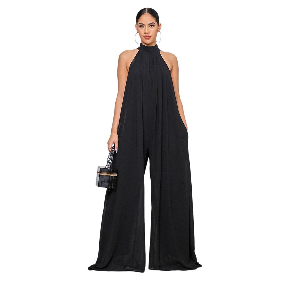 Wide Leg Sleeveless High Neck Solid Color Chiffon Loose Temperament Jumpsuit