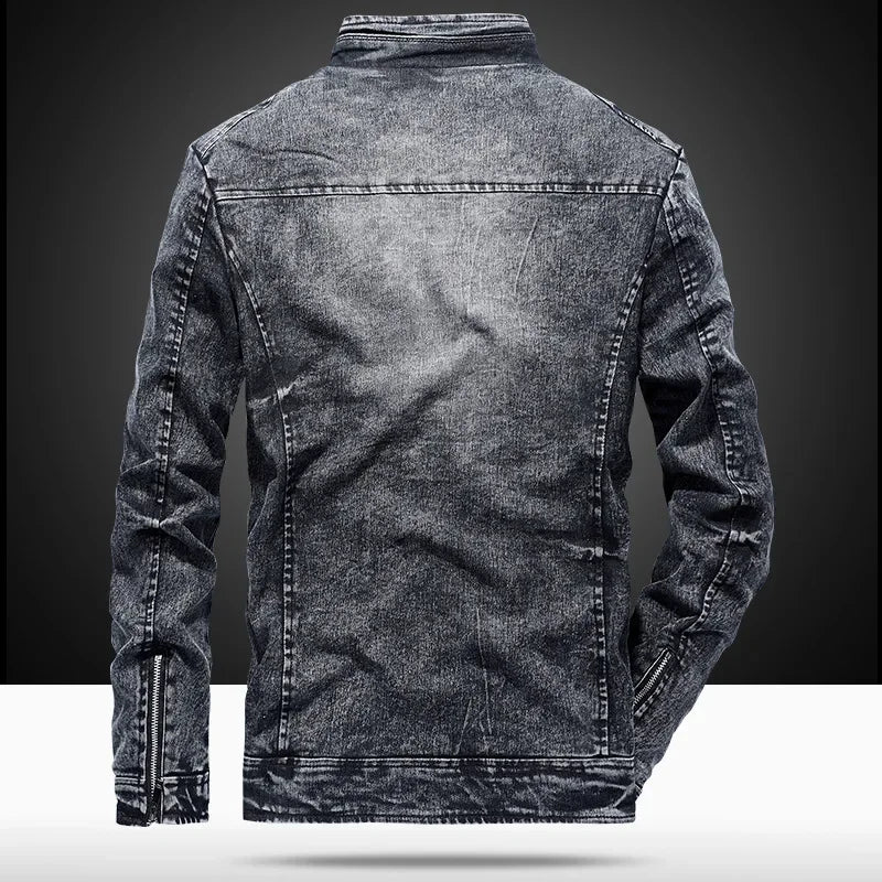 Men's Velvet Lined Mandarin Collar Washed Jean Jacket