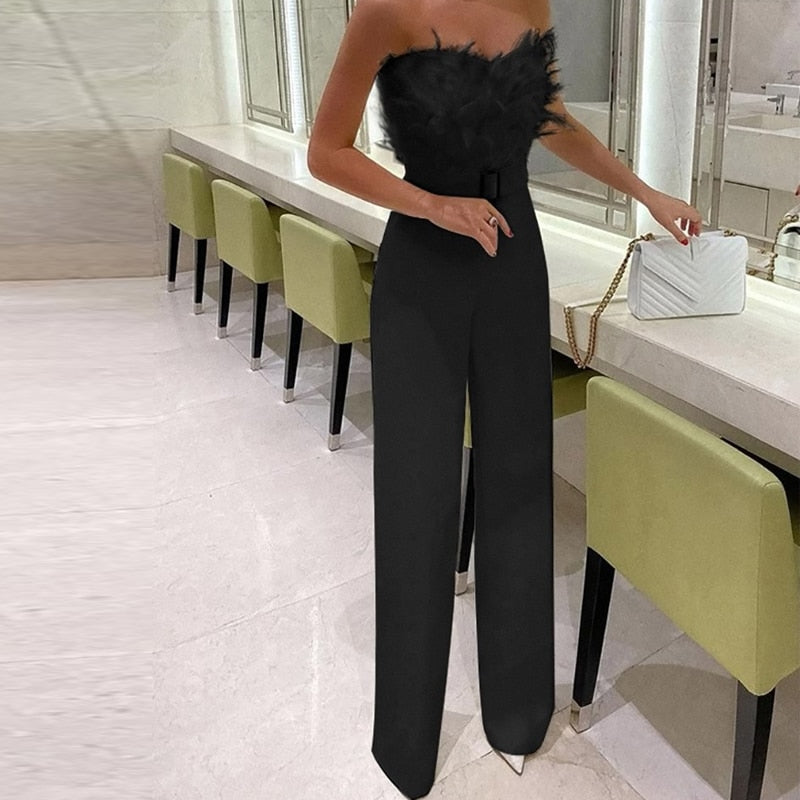 Feather Sleeveless Solid Color Party Jumpsuit