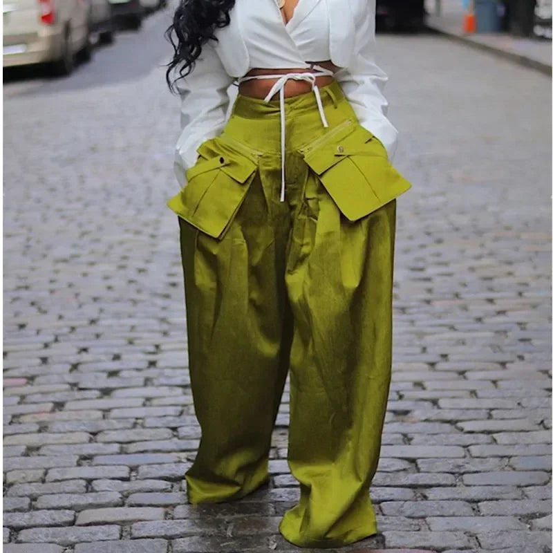 Solid Color Streetwear High Waist Removable Pocket Wide Leg Loose Cargo Trouser Pants