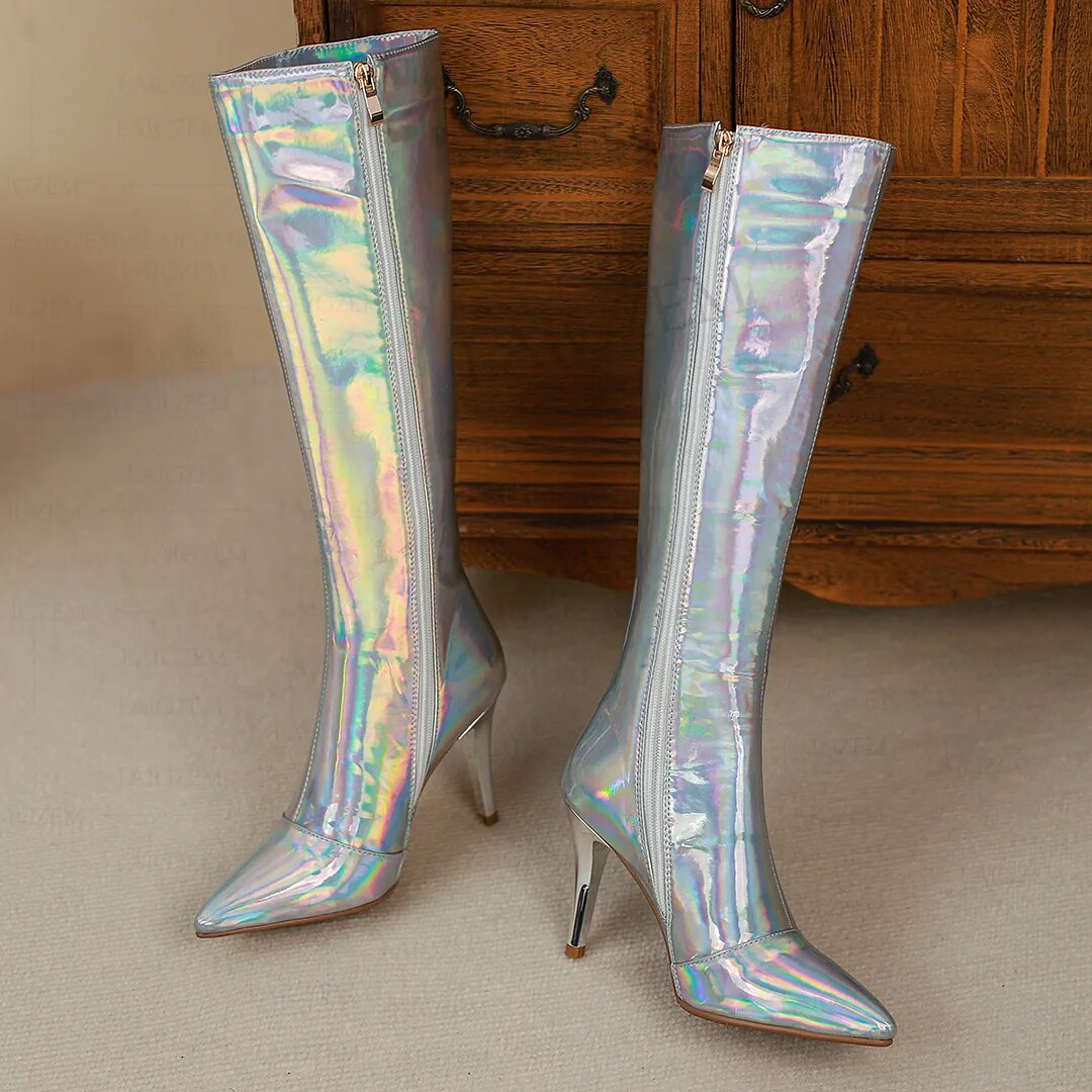 Silver Metallic Side Zipper Thin High Heel Knee-High Boots