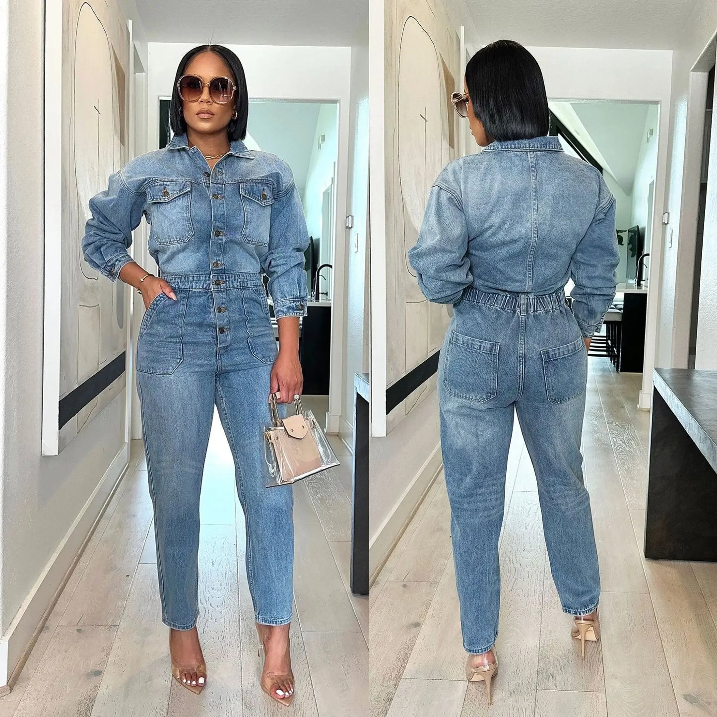 Denim Light Blue Faded Washed Turn-Down Collar Long Sleeve Single Breasted Skinny Romper Jean Jumpsuit
