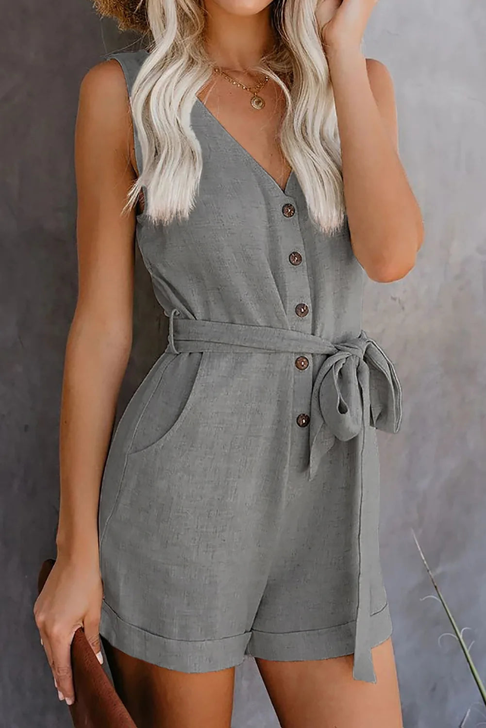 Sleeveless Button-Up Women's V-Neck Solid Color Monochromatic Sash Belt Romper