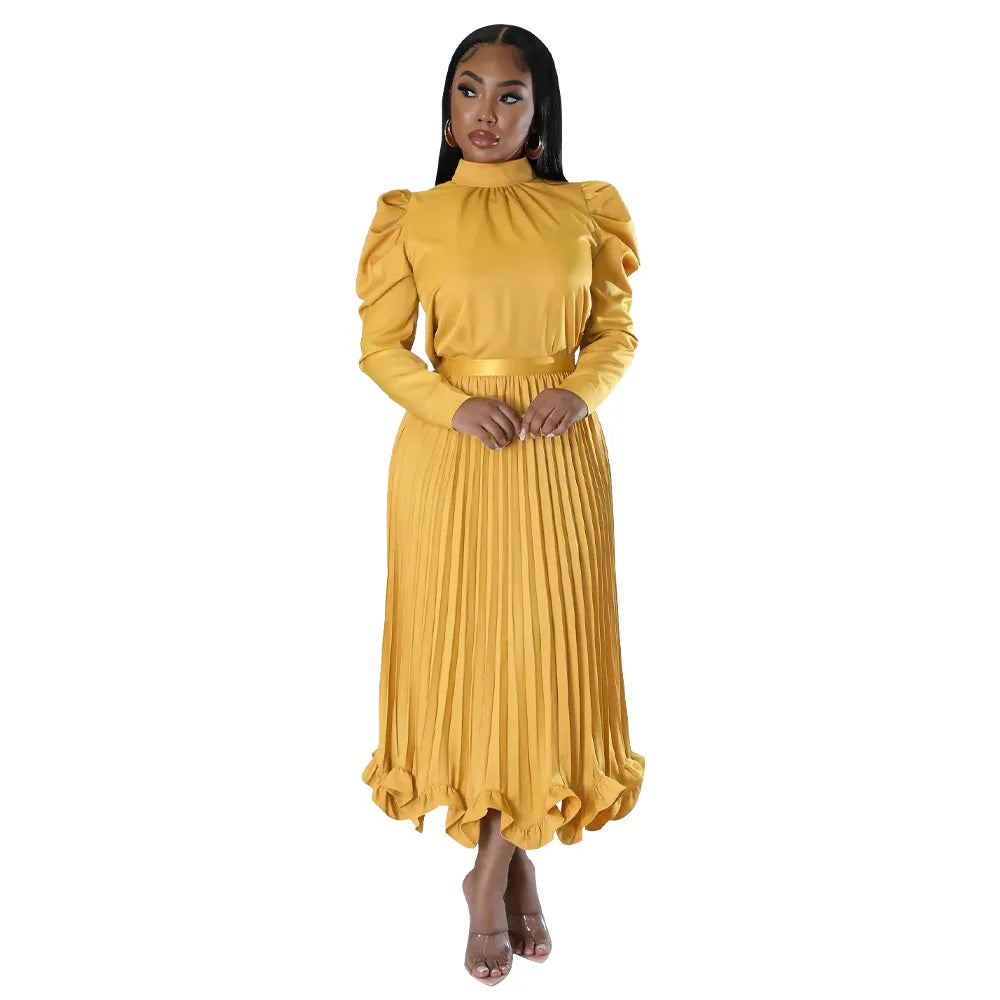 Women’s Solid Color O-Neck Lantern Sleeve Blouse + A-Line Flounce Formal Pleated Maxi Skirt w/ Sash Belt 2-Piece Set