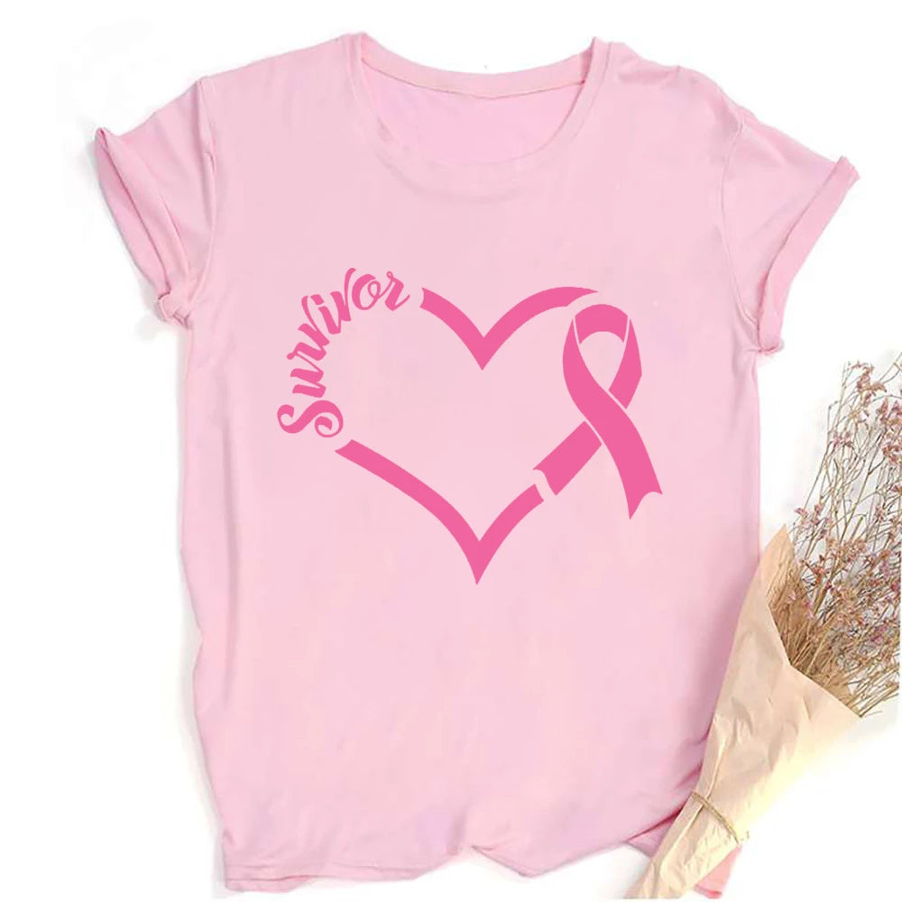 Heart Print Women's Pink Ribbon Breast Cancer Awareness T-Shirt
