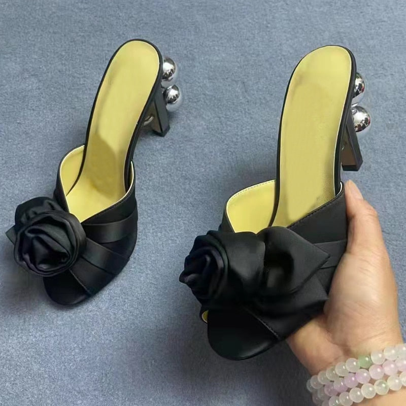 Satin Flower Bow Gladiator Open Toe Mule Sandals