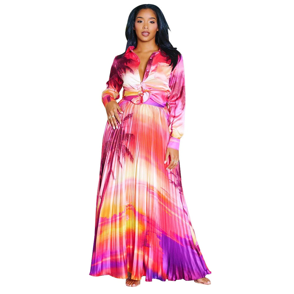 Rainbow Tie-Dye Long Sleeve V-Neck Printed Blouse + Pleated Maxi Skirt Matching 2-Piece Set