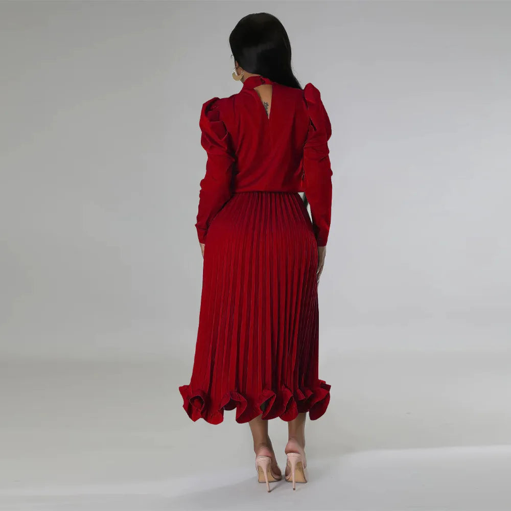 Women’s Solid Color O-Neck Lantern Sleeve Blouse + A-Line Flounce Formal Pleated Maxi Skirt w/ Sash Belt 2-Piece Set