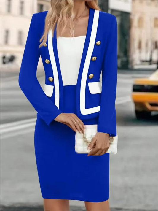 Colorblock Women's Office Button-Up Cardigan Blazer + Midi Skirt Two Piece Set