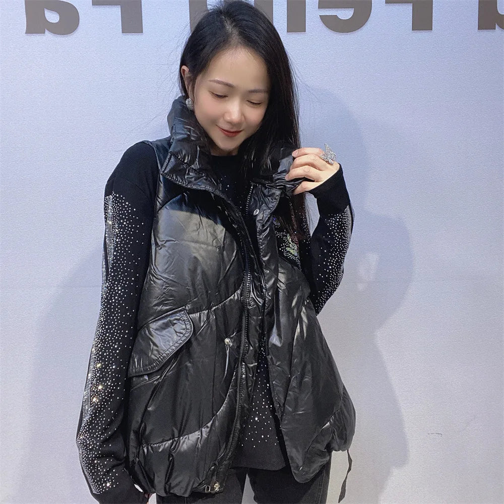 Black Faux Leather Sleeveless Rhinestone Hip-Hop Mini Mouse Back Design Women's Zipper Vest