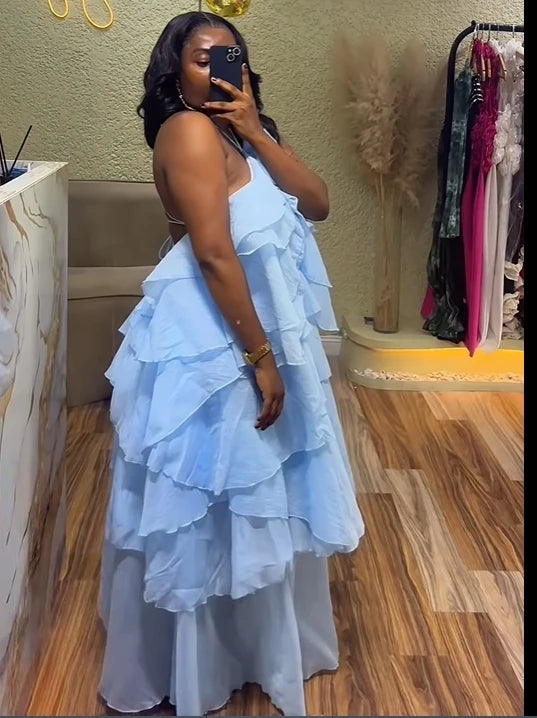 Oversized Tiered Sleeveless Floral Ruffled Design Loose Smock Strap Formal Maxi Dress