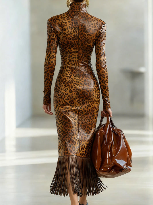 PU Leather Western Leopard Tassel Turtleneck Zipper Front Skinny Maxi Dress to 3X Plus Size