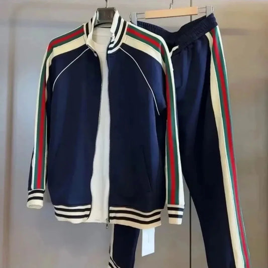 Men's Blue Striped Mandarin Collar + Jogger Sweatpants Tracksuit