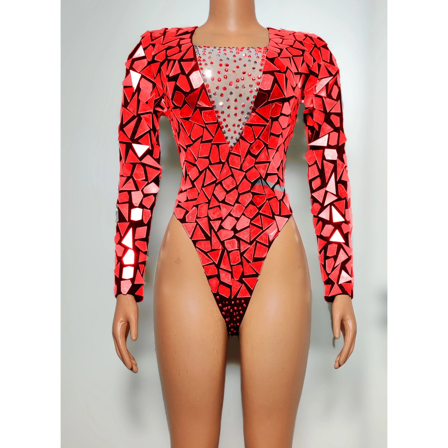 Crystal Sequin Mirror Geometric Metallic Long Sleeve Performance Stage Costume Bodysuit