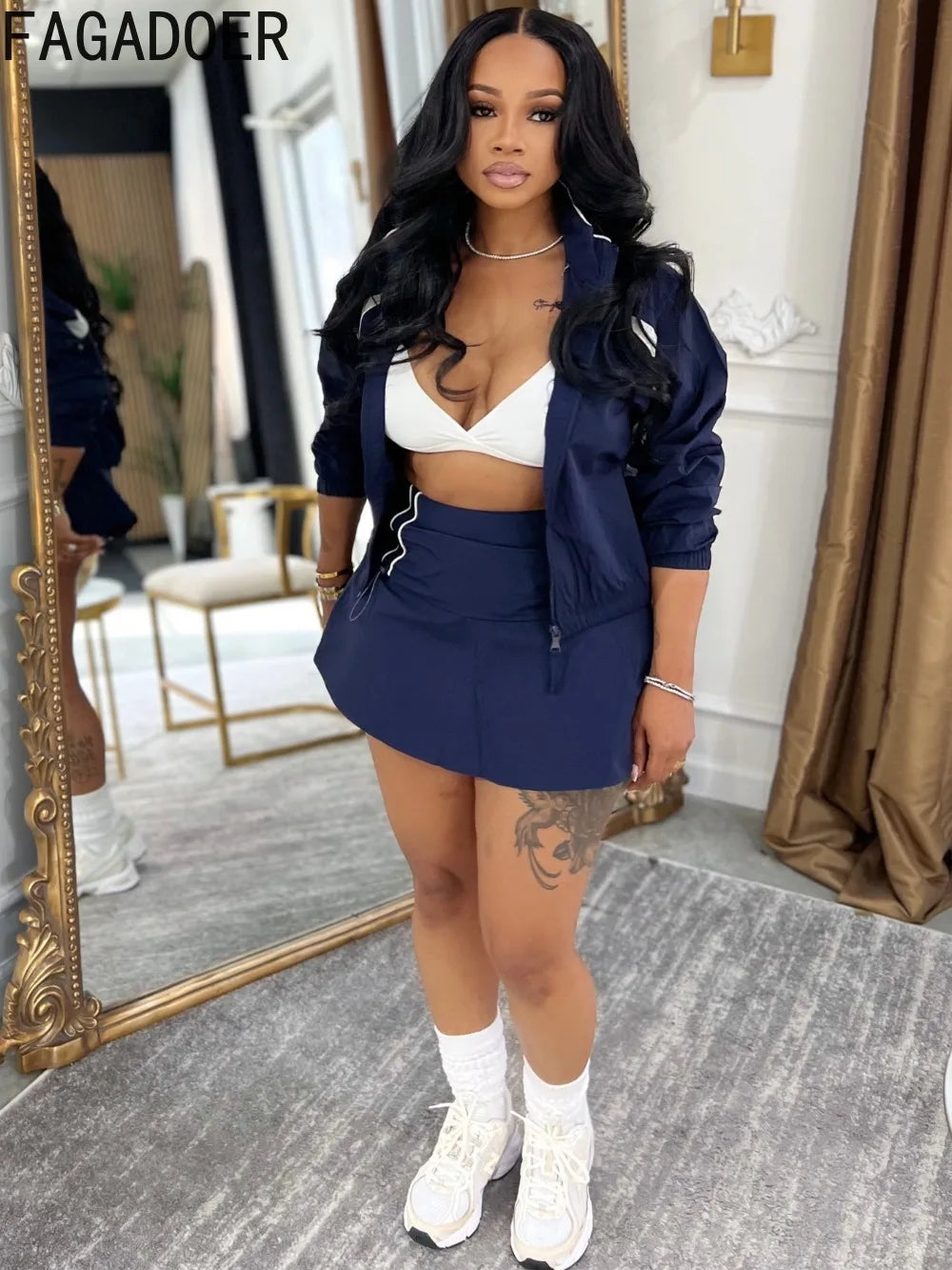 Striped Stand Collar Women's Zipper Fitness Jacket+ Drawstring Ruched Mini Tennis Skirt Solid Color 2-Piece Set
