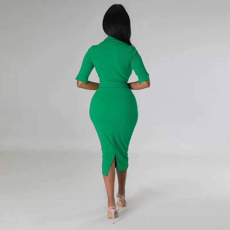 Deep Open V-Neck Turn-Down Collar Long Sleeve Belted Solid Color Midi Office Dress