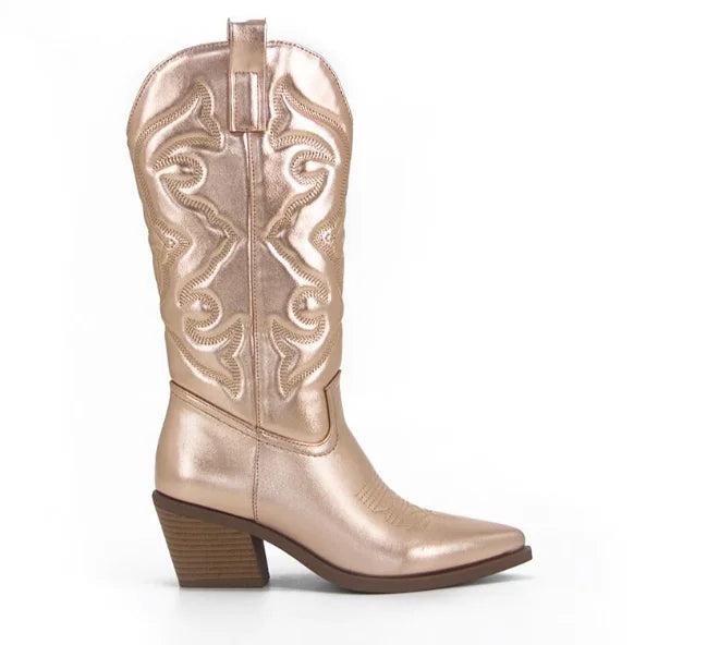 Western Embroidered Pointed Toe Side Zipper Stacked Heel Cowgirl Boots