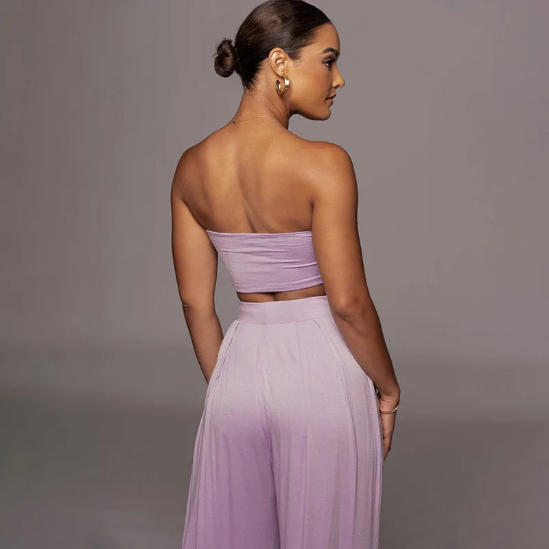 Sleeveless Bowknot Design Tube Top+ Wide Leg Pants Women's Solid Color 2-Piece Set