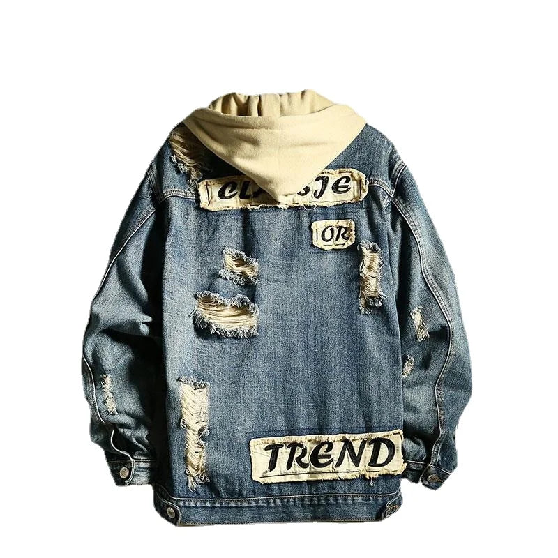 Men's Denim Patchwork Vintage Ripped Hole Washed Jean Jacket